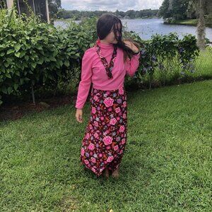 1960s Vintage Hippie Maxi Dress Hot Pink Top Brown Floral Skirt Small USA